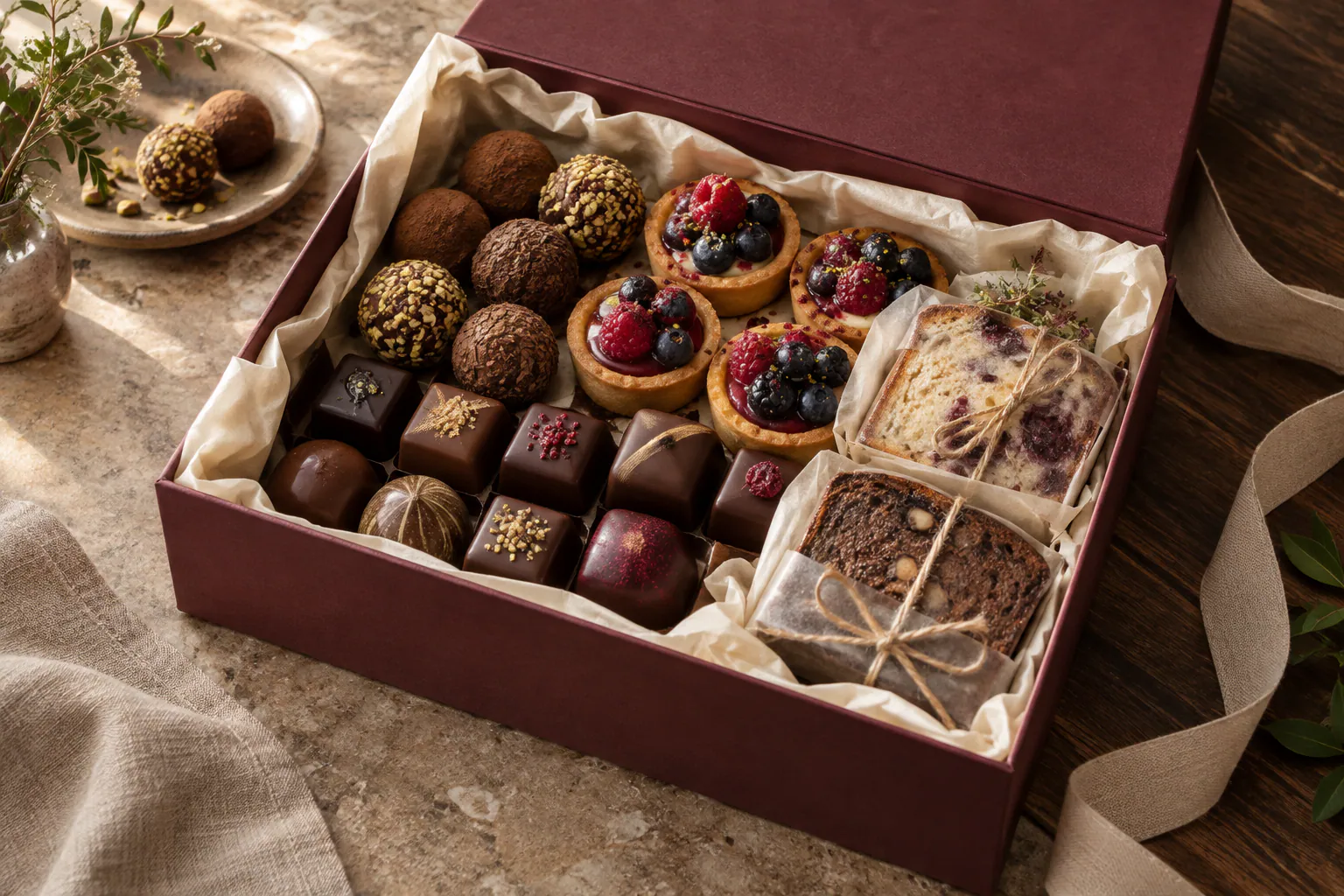 Caixa montada para presente com itens de confeitaria