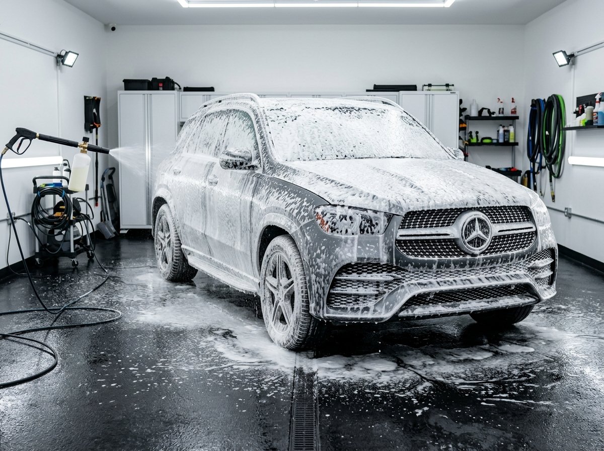 Limpeza de detalhes com pincel e espuma em veículo SUV
