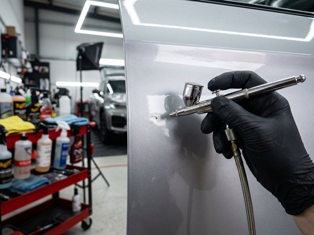Técnico fazendo preenchimento detalhado de risco no para-choque